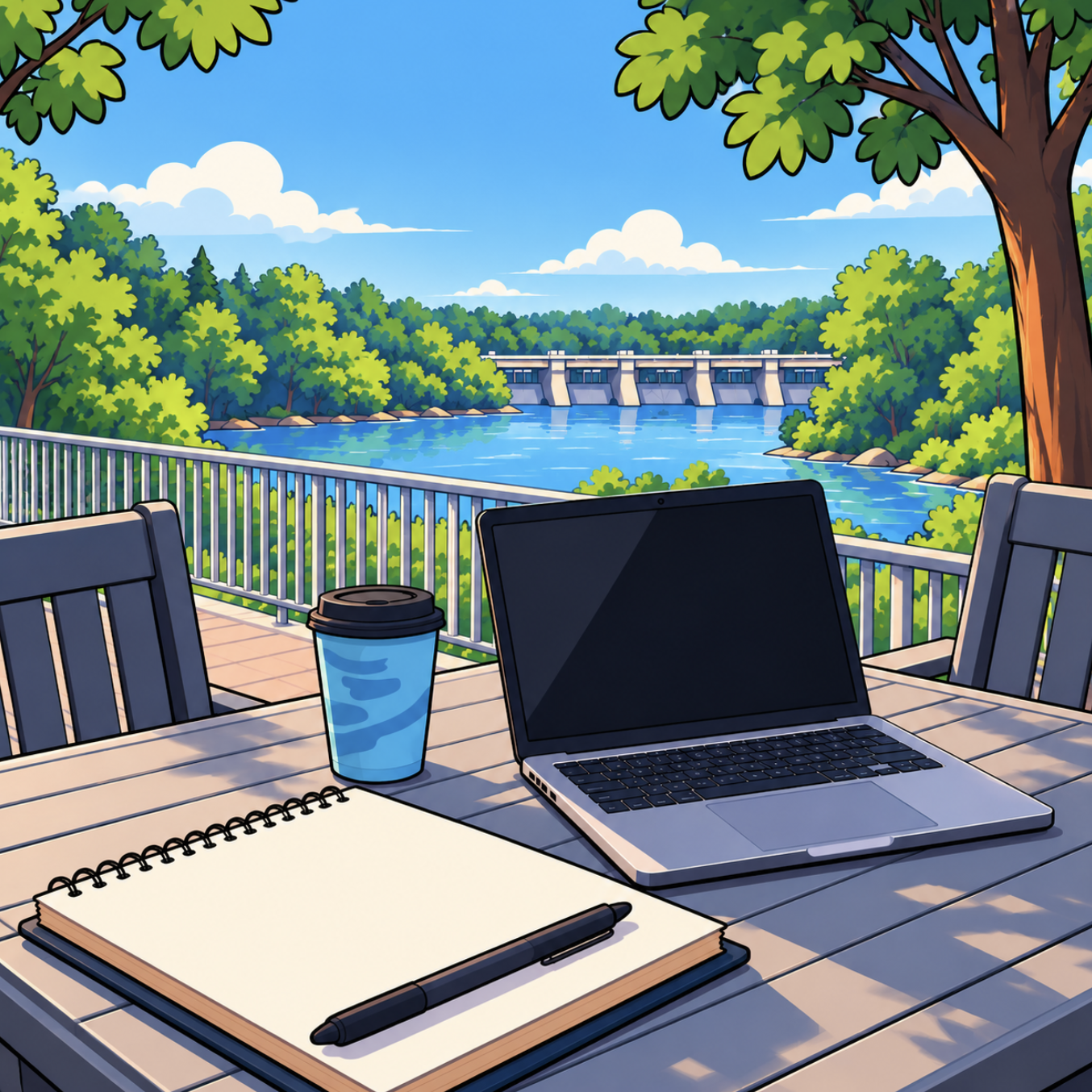 Illustrated outdoor workspace overlooking a river